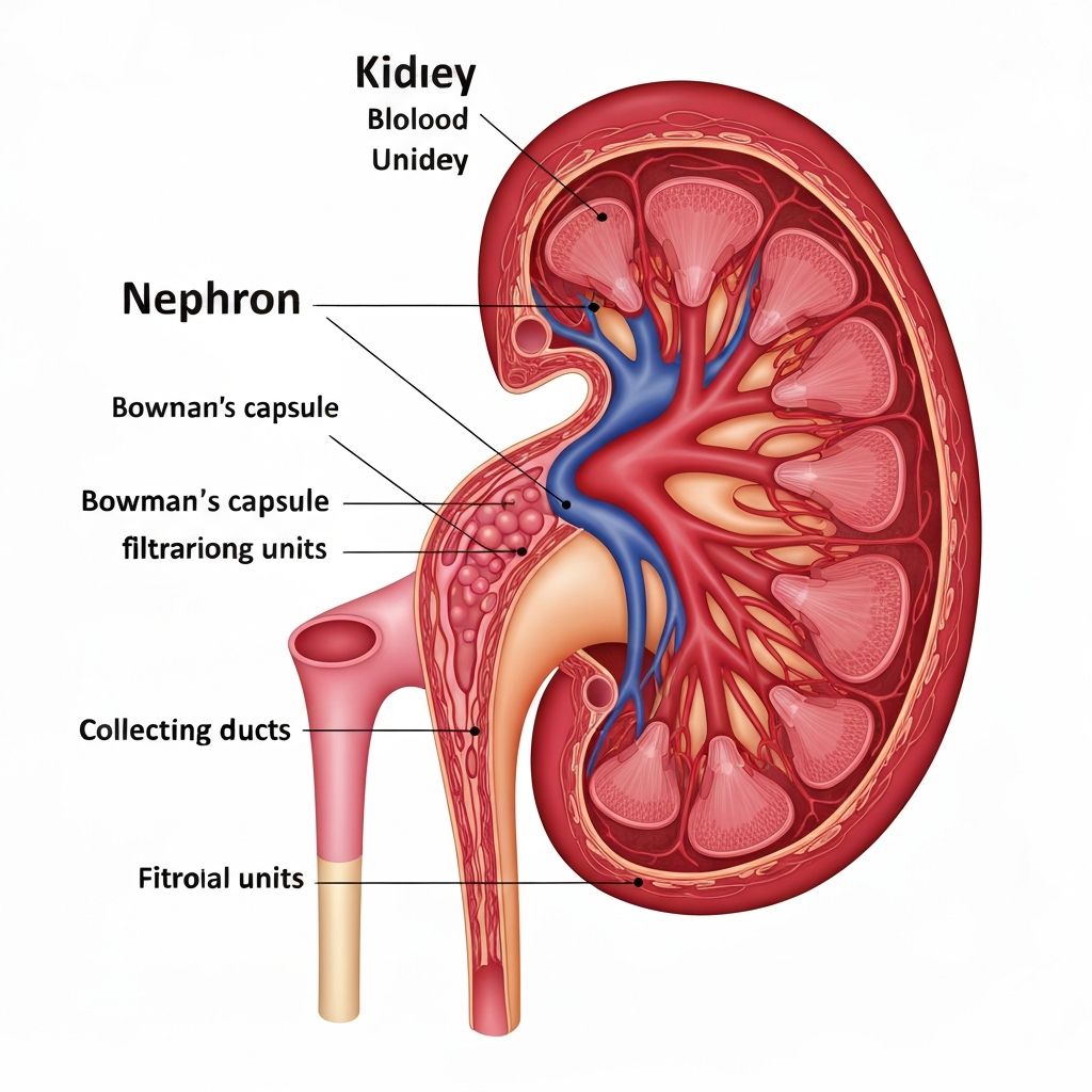 Kidney anatomy illustration showing glomeruli where filtration occurs